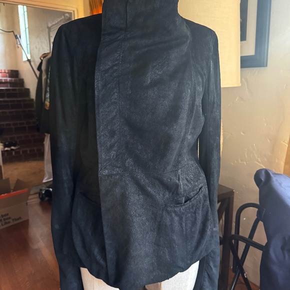 Rick Owens funnel neck black leather asymmetrical Jacket - Picture 2 of 7